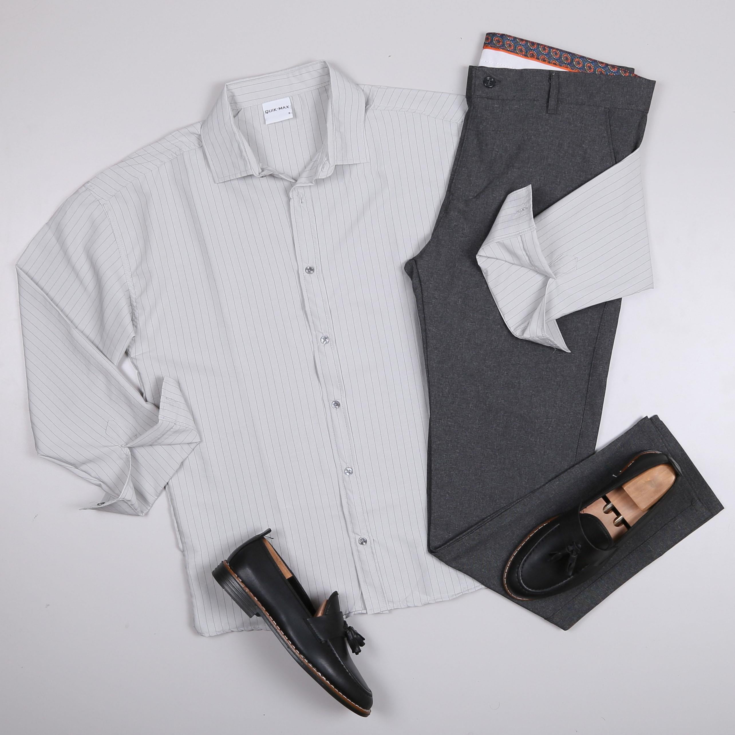 Gri Çizgili Gömlek Pantolon Ayakkabı Kombin