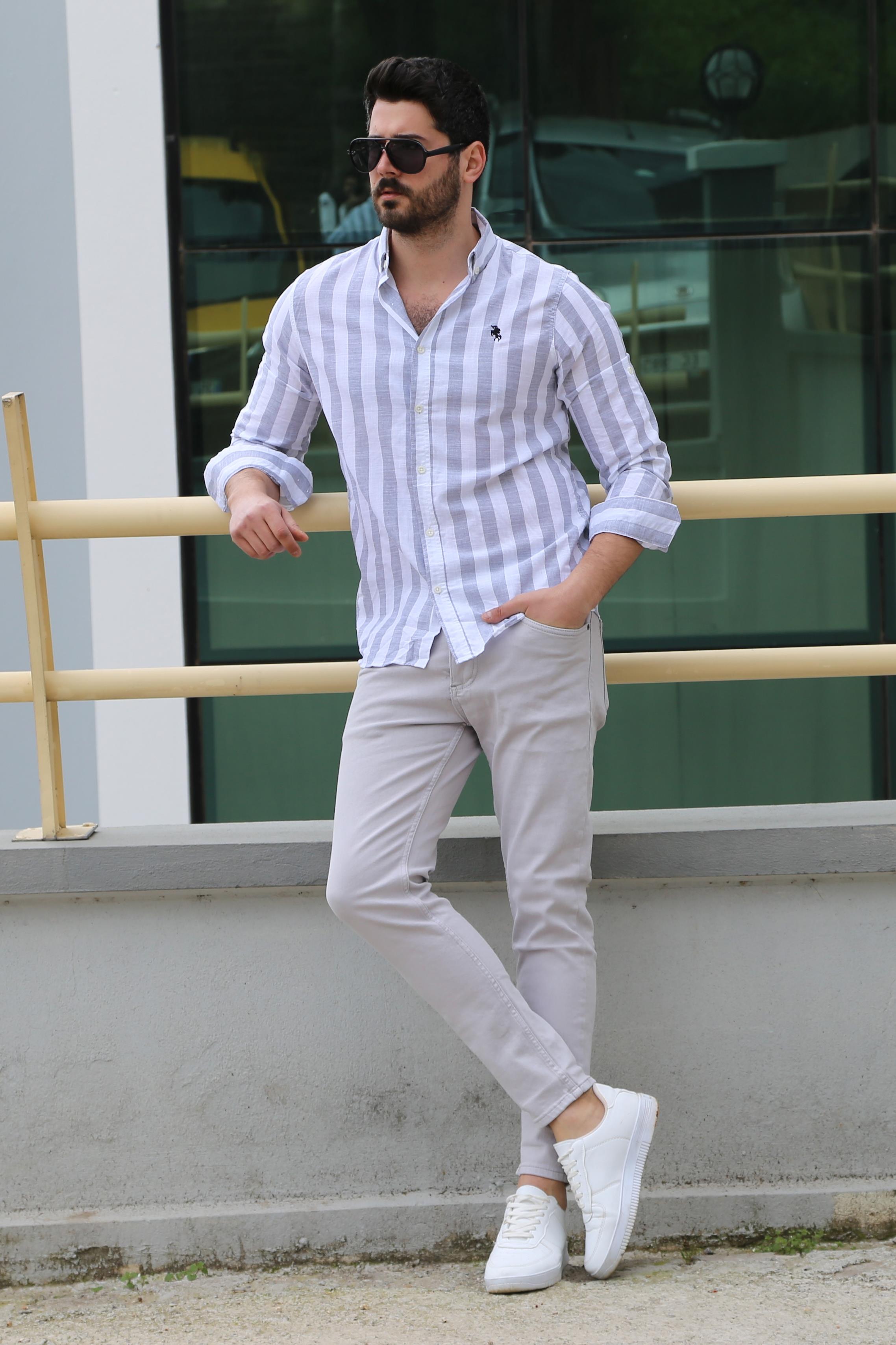 Gri Çizgili Gömlek Pantolon Ayakkabı Kombin
