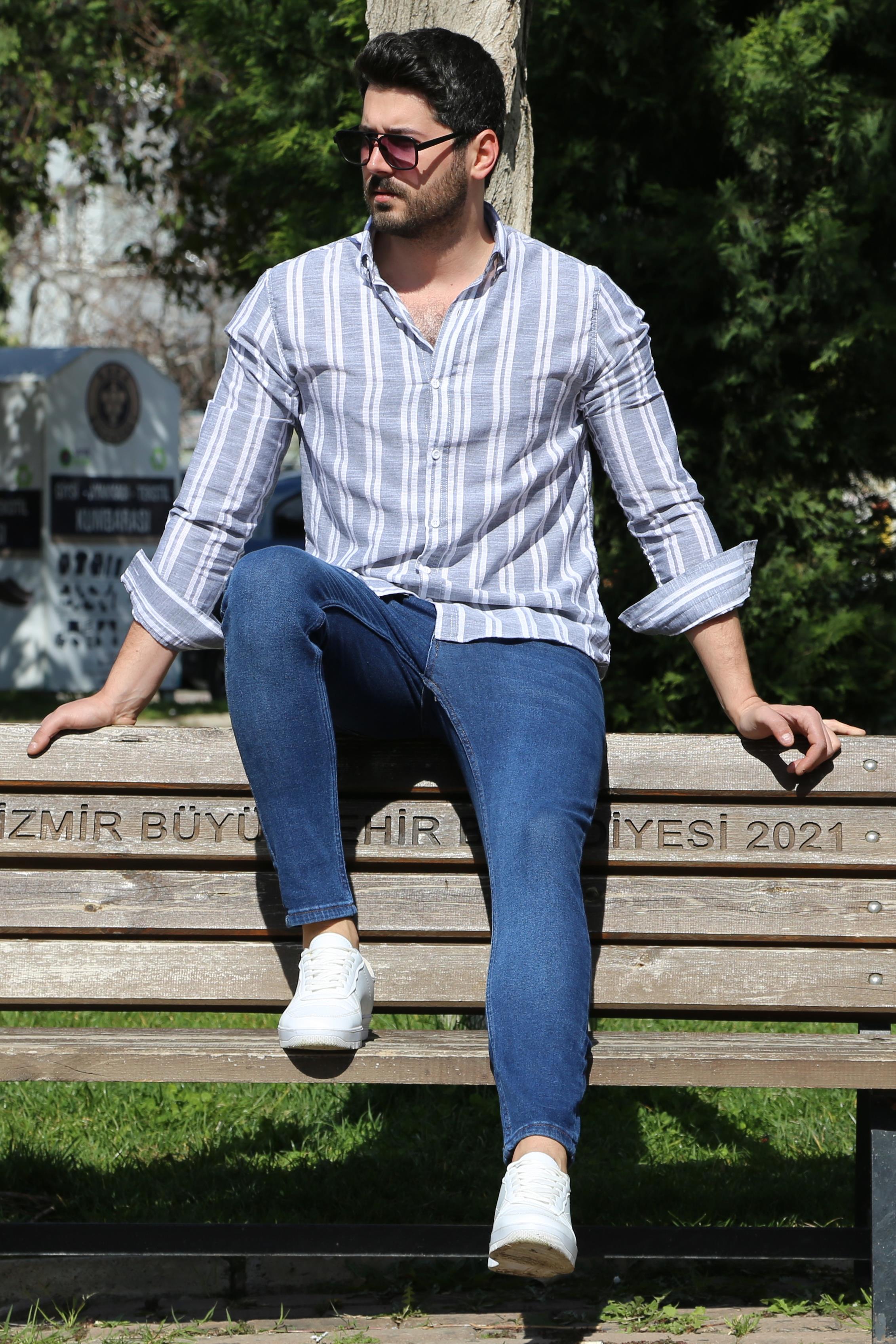 Gri Çizgili Gömlek Pantolon Ayakkabı Kombin