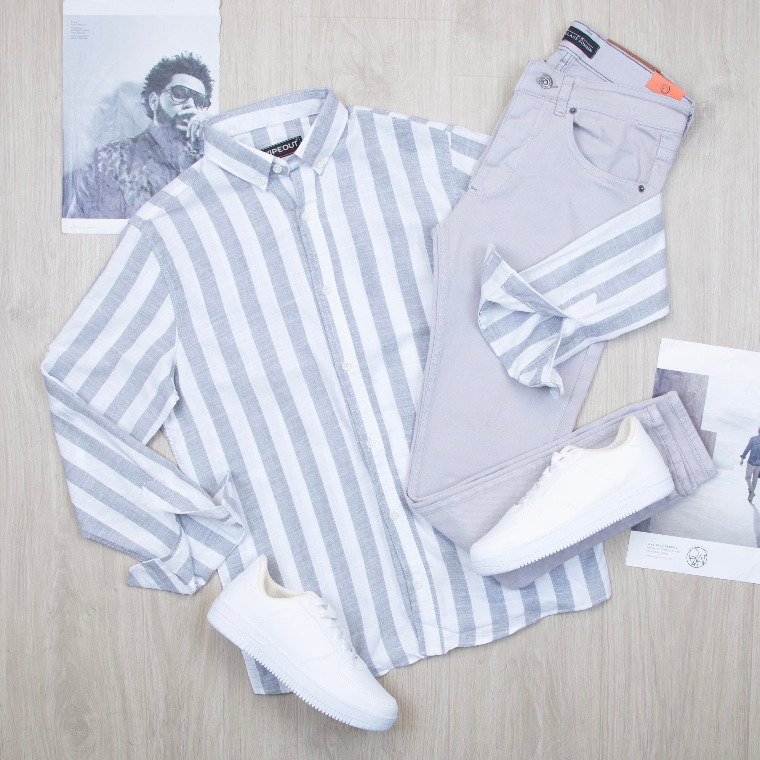 Gri çizgili Gömlek Pantolon Ayakkabı Kombin