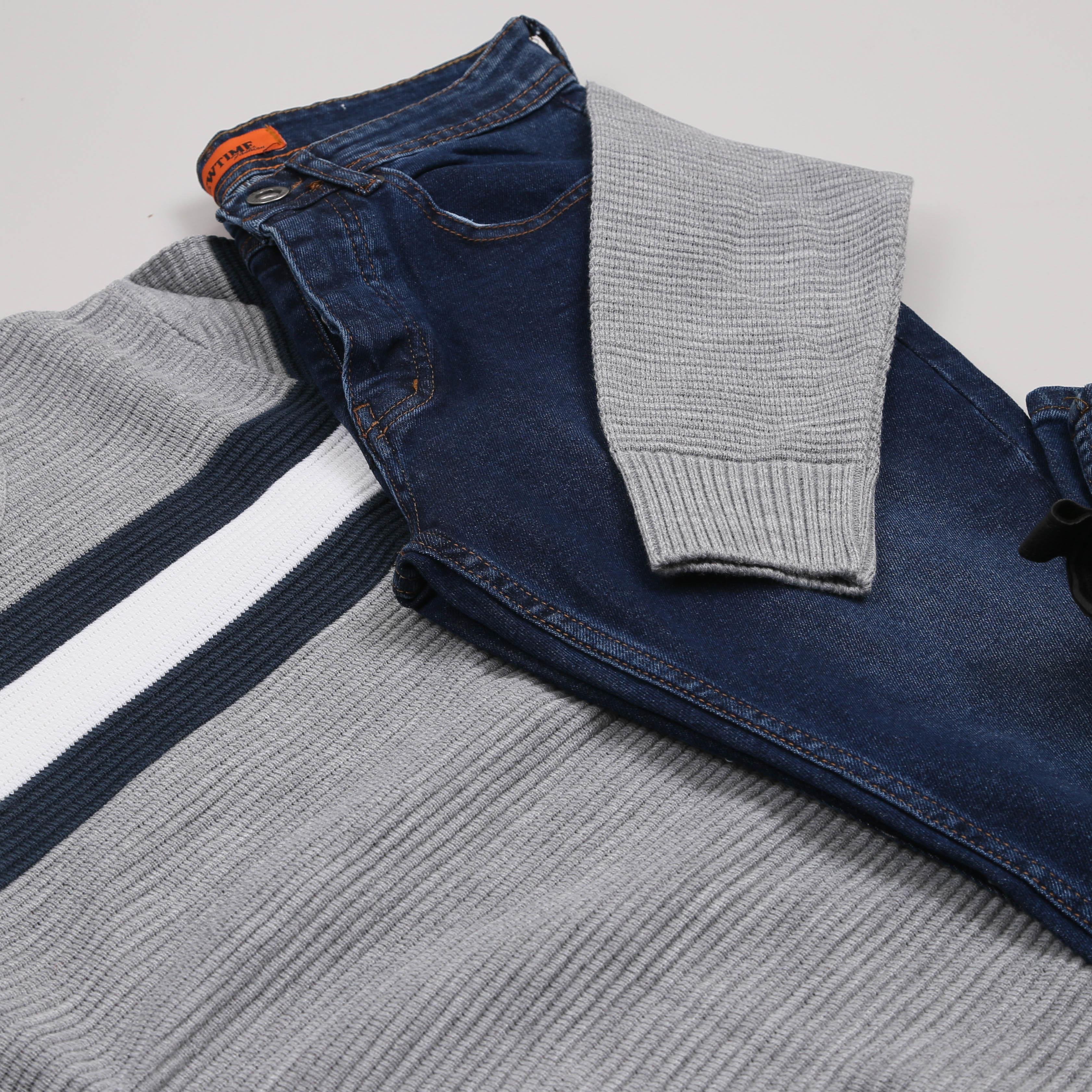 Gri Çizgili Kazak Kot Pantolon Bot Kombini