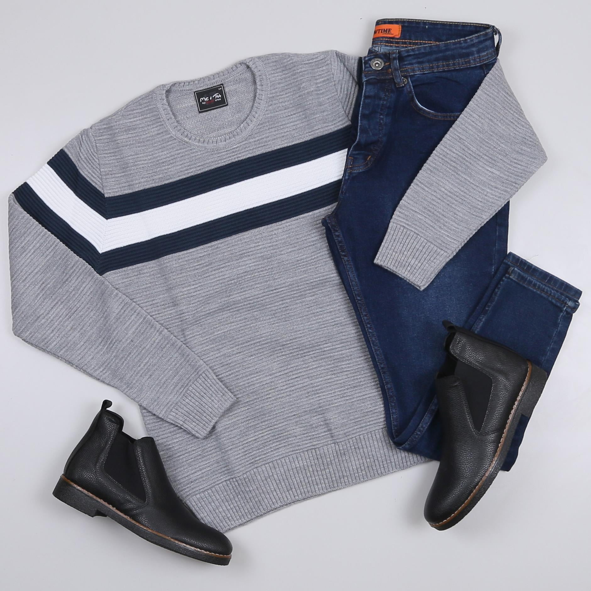 Gri Çizgili Kazak Kot Pantolon Bot Kombini