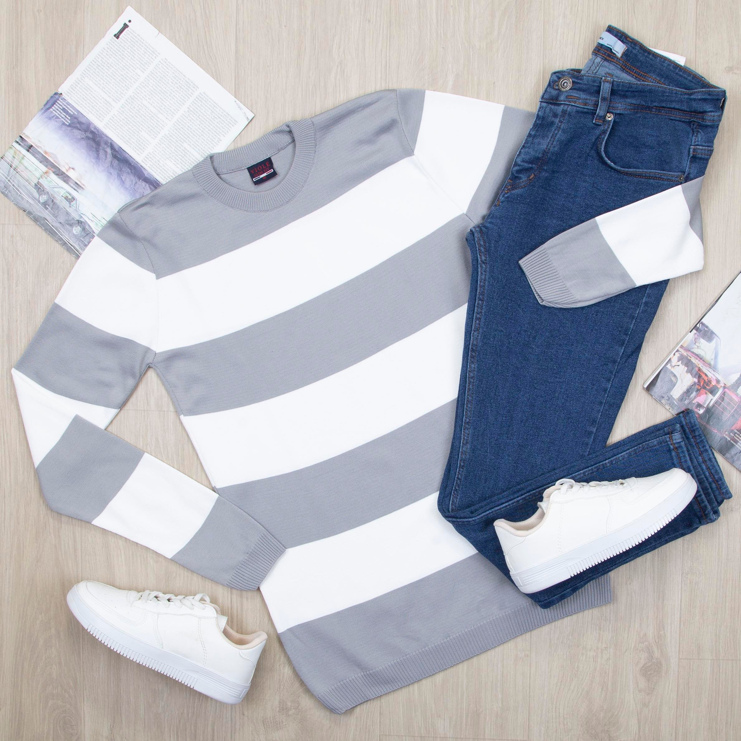 Gri Çizgili Kazak Pantolon Ayakkabı Kombin