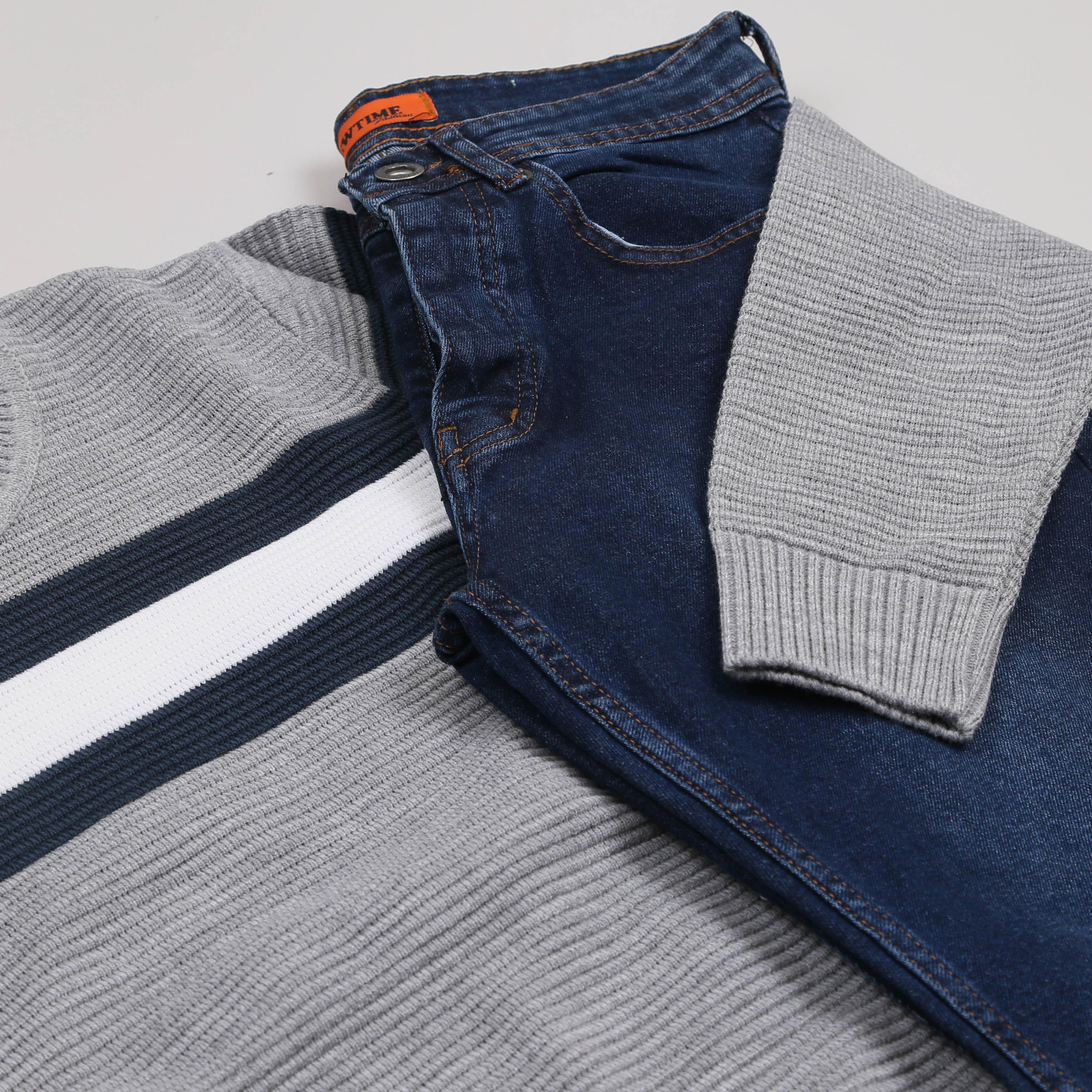 Gri Çizgili Kazak Pantolon Ayakkabı Kombini