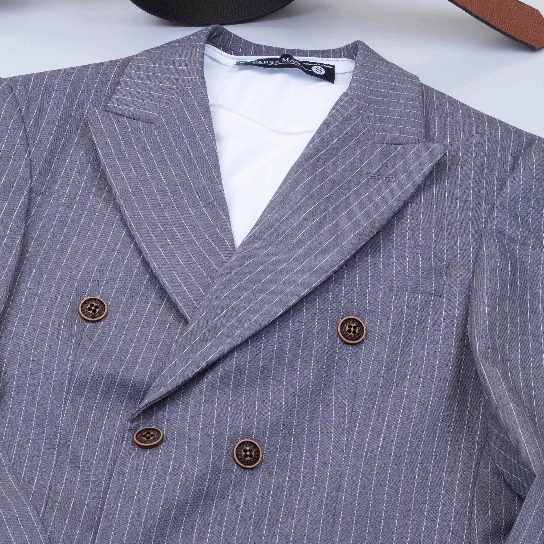 Gri Çizgili Kruvaze Takım Elbise Kombini