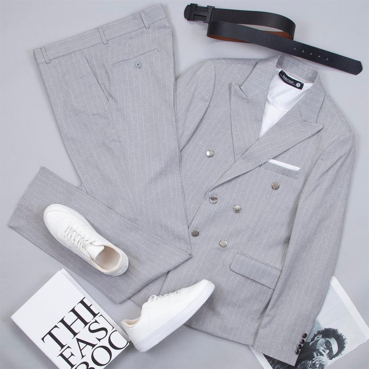 Gri Çizgili Kruvaze Takım Elbise Kombini