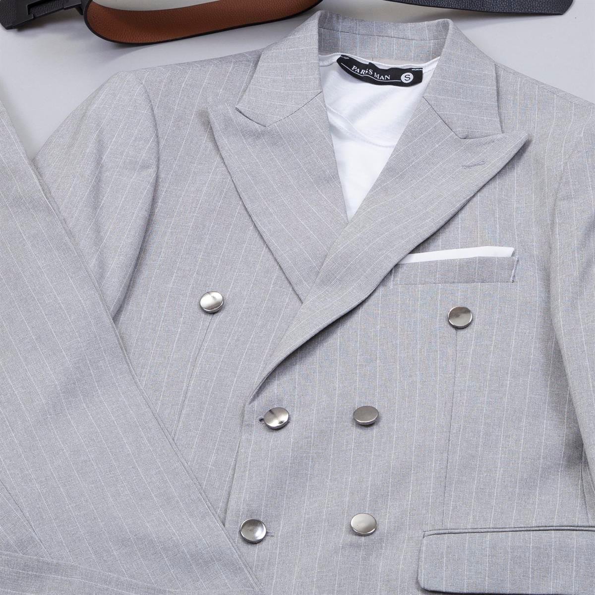 Gri Çizgili Kruvaze Takım Elbise Kombini