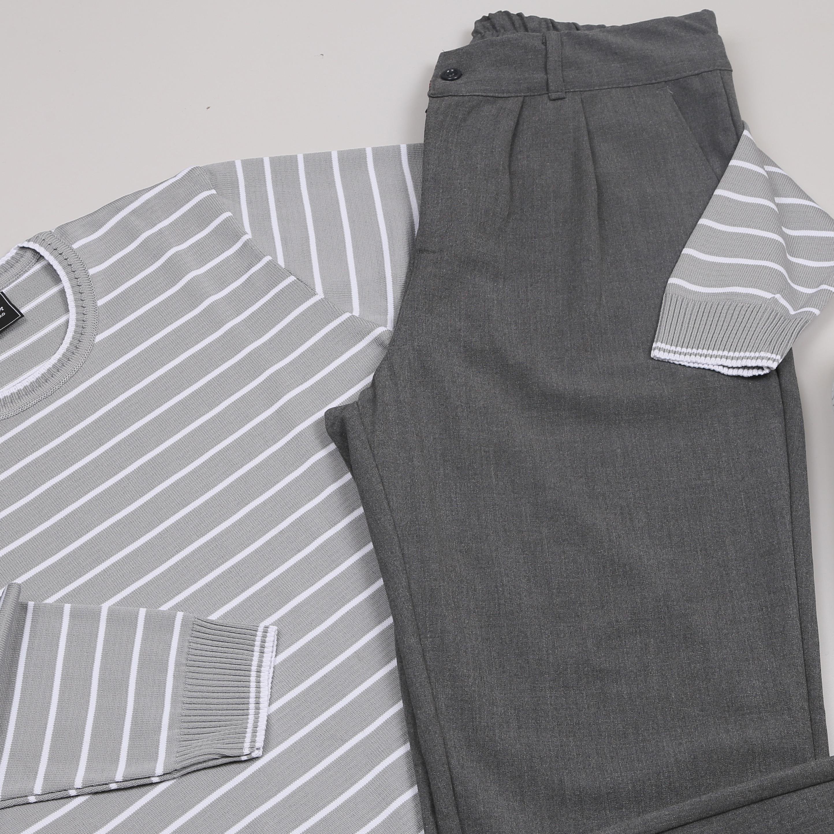 Gri Çizgili triko Baggy Füme kumaş Pantolon
