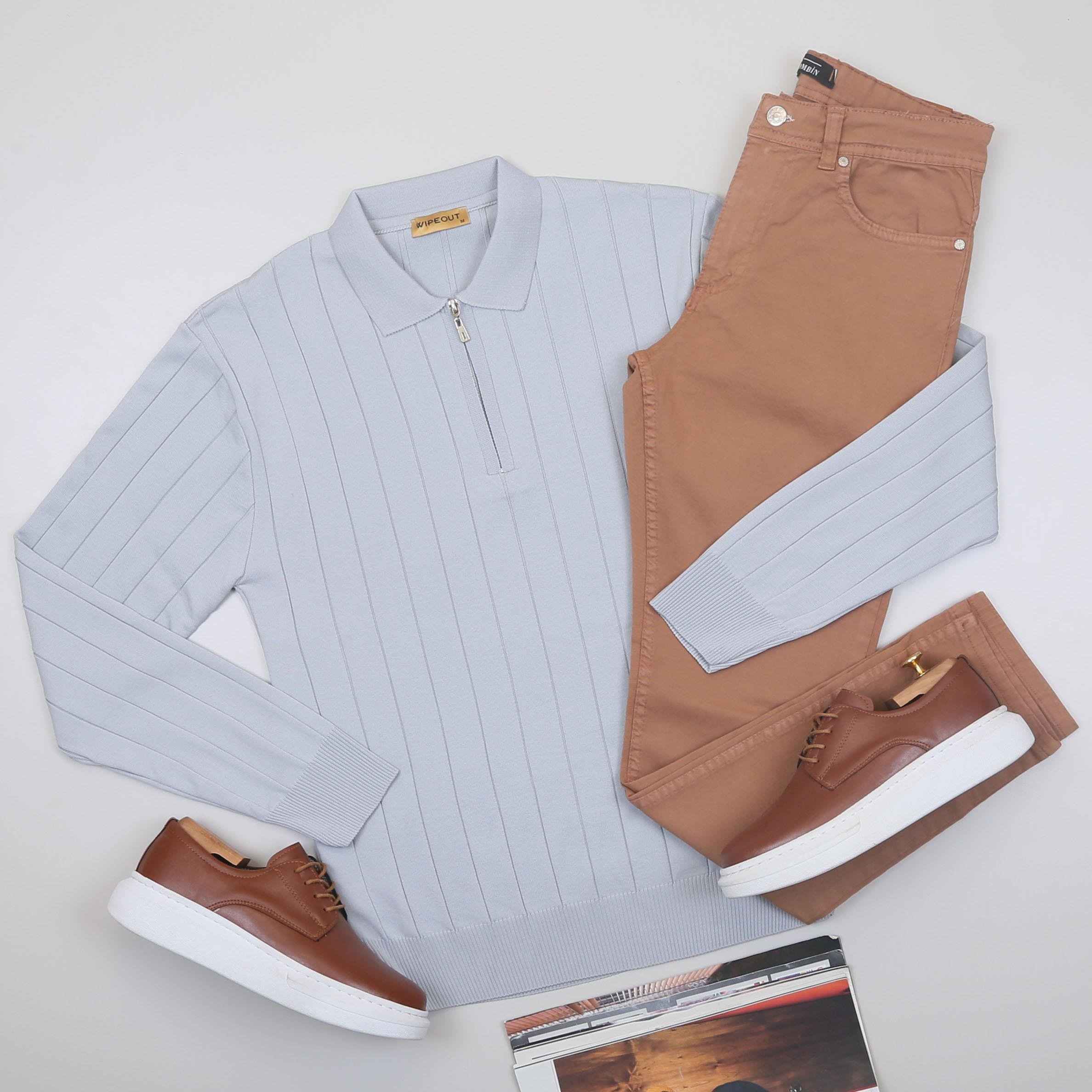 Gri Çizgili Triko Polo Yaka Pantolon Ayakkabı Kombin