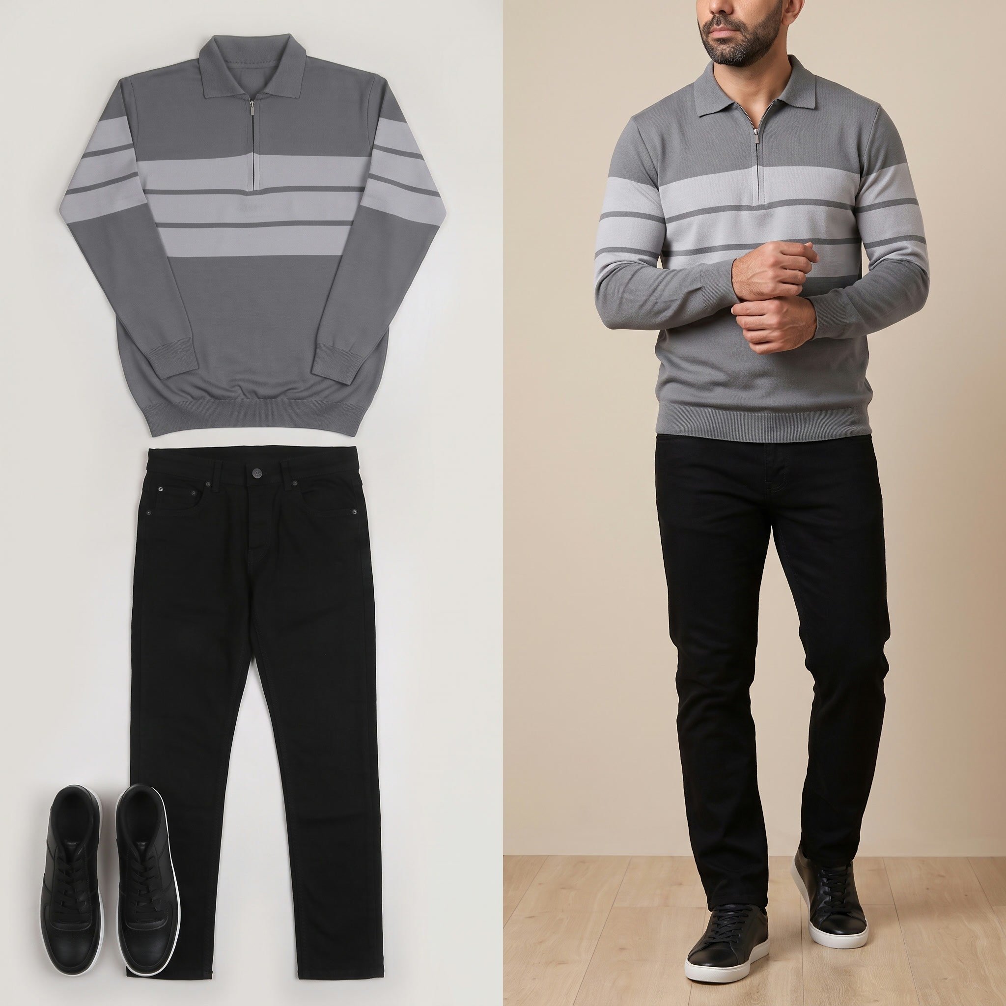 Gri çizgili  triko polo yaka  pantolon ayakkabı kombini