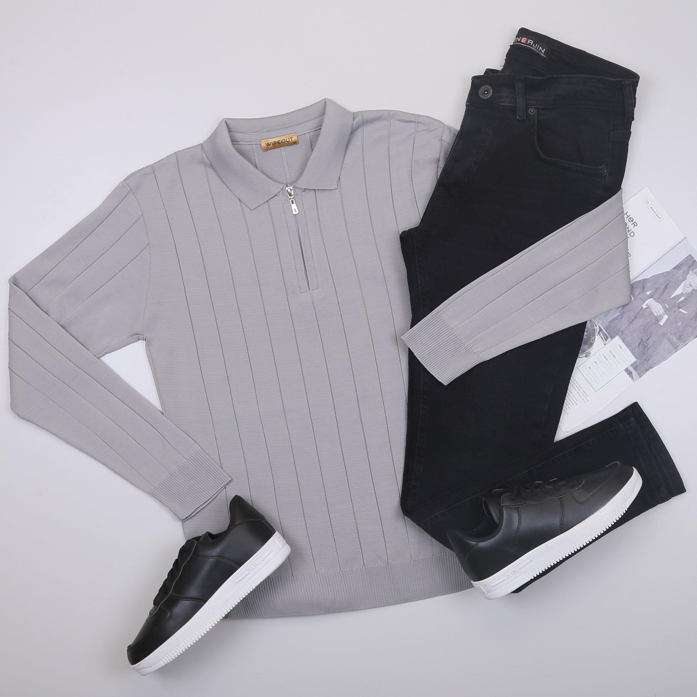 Gri Çizgili Triko Polo Yaka Pantolon Ayakkabı Kombin