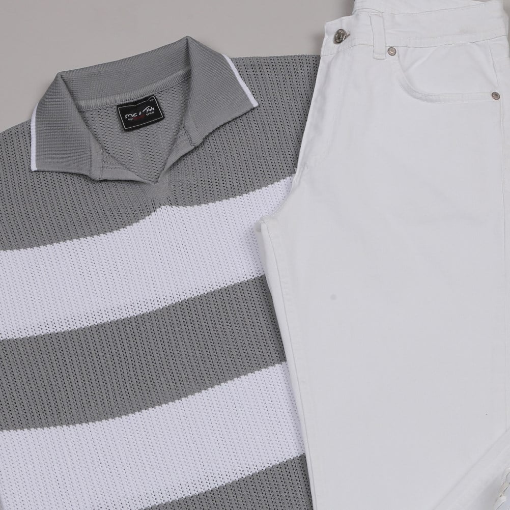 gri çizgili Triko Polo Yaka Tişört pantolon  ayakkabı Kombin