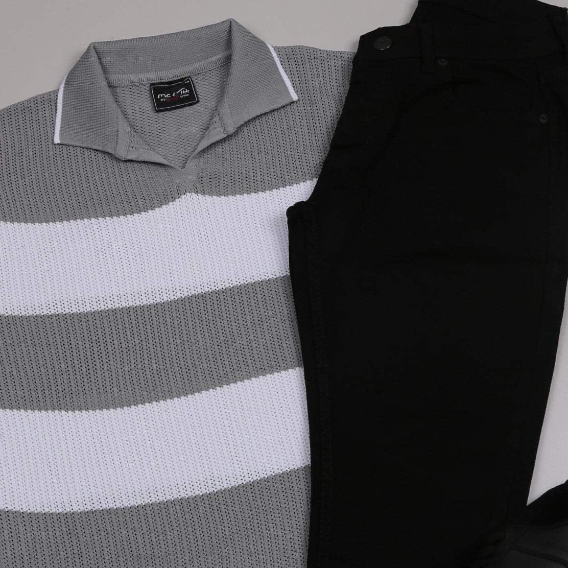 gri çizgili Triko Polo Yaka Tişört  siyah pantolon  ayakkabı Kombin