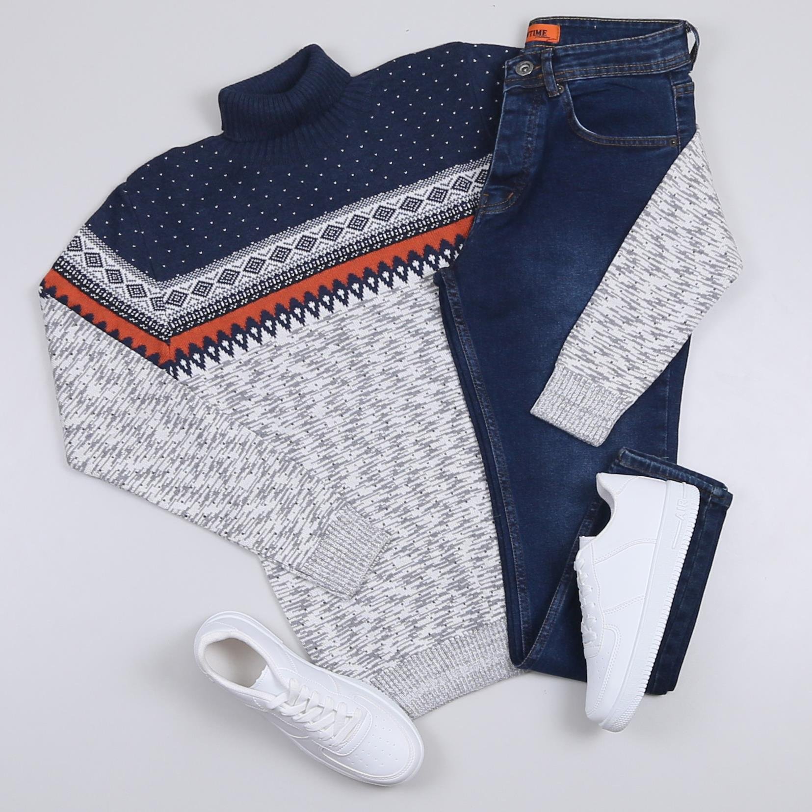 Gri Desenli Kazak Pantolon Ayakkabı Kombini