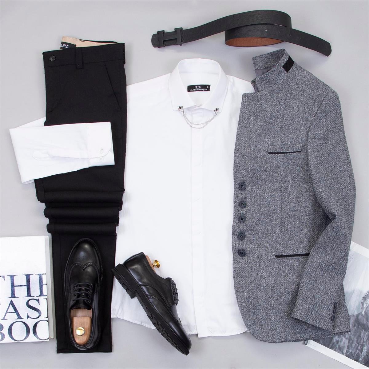 Gri Dik Yaka Blazer Ceket Gömlek Pantolon Ayakkabı Kombin