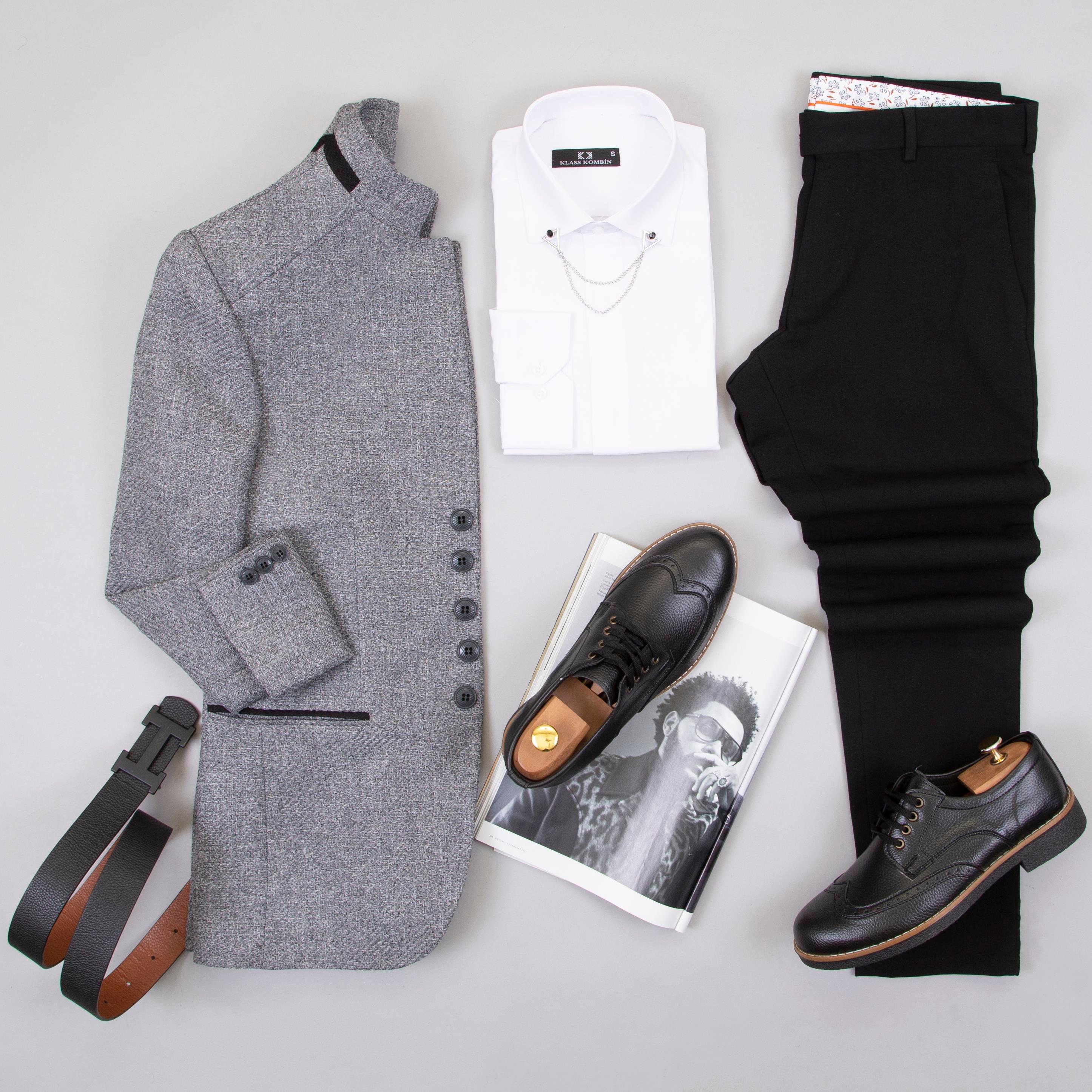 Gri Dik Yaka Blazer Ceket Kombini