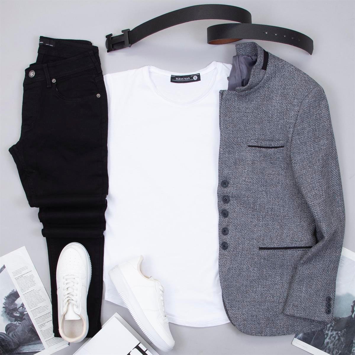 Gri Dik Yaka Blazer Ceket Tişört Pantolon Ayakkabı Kombin