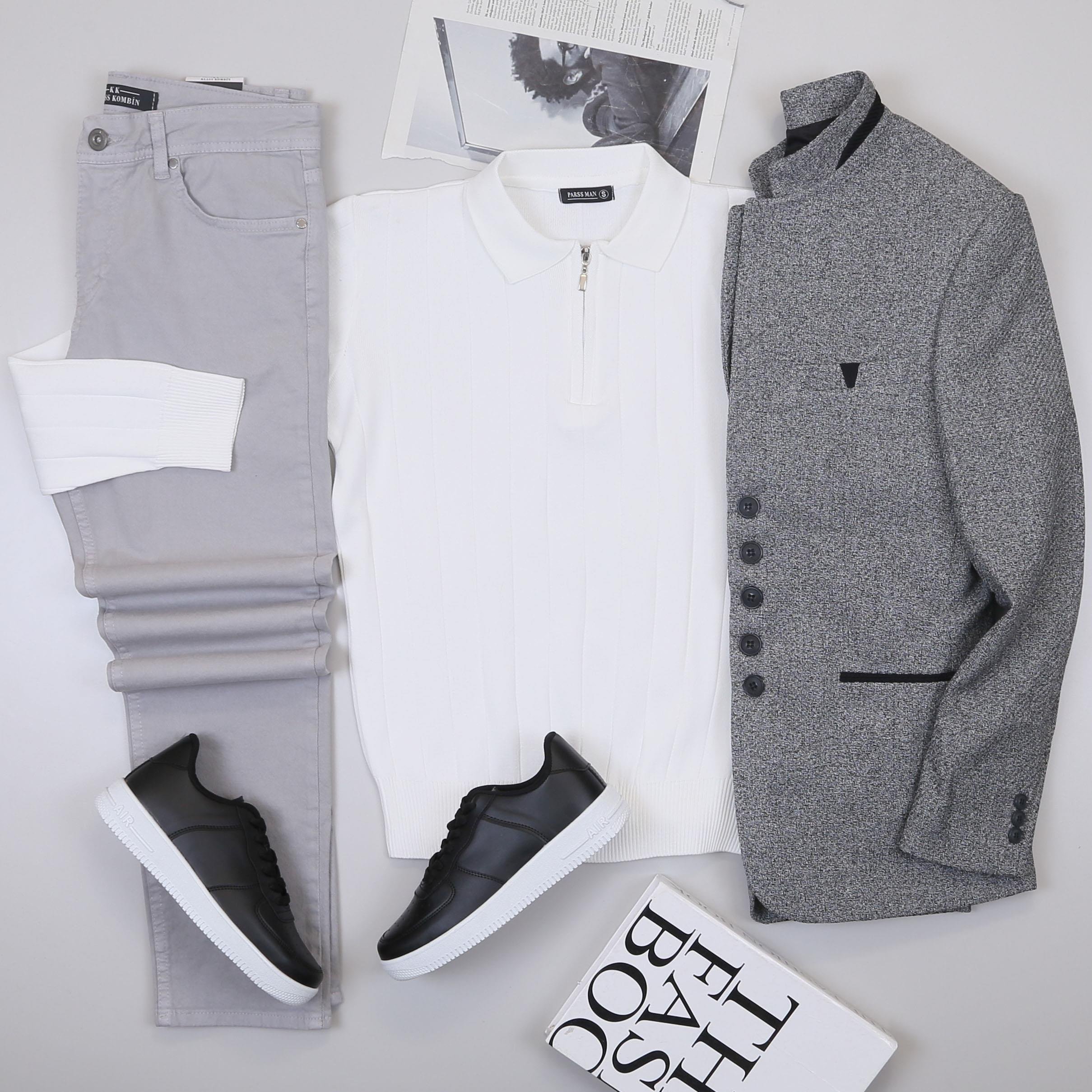 Gri Dik Yaka Blazer Ceket Triko Kazak Pantolon Ayakkabı Kombin