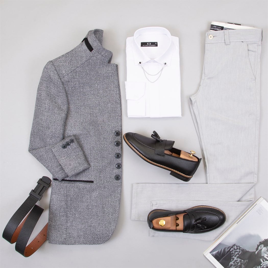 Gri Dik Yaka Ceket Gömlek Pantolon Ayakkabı