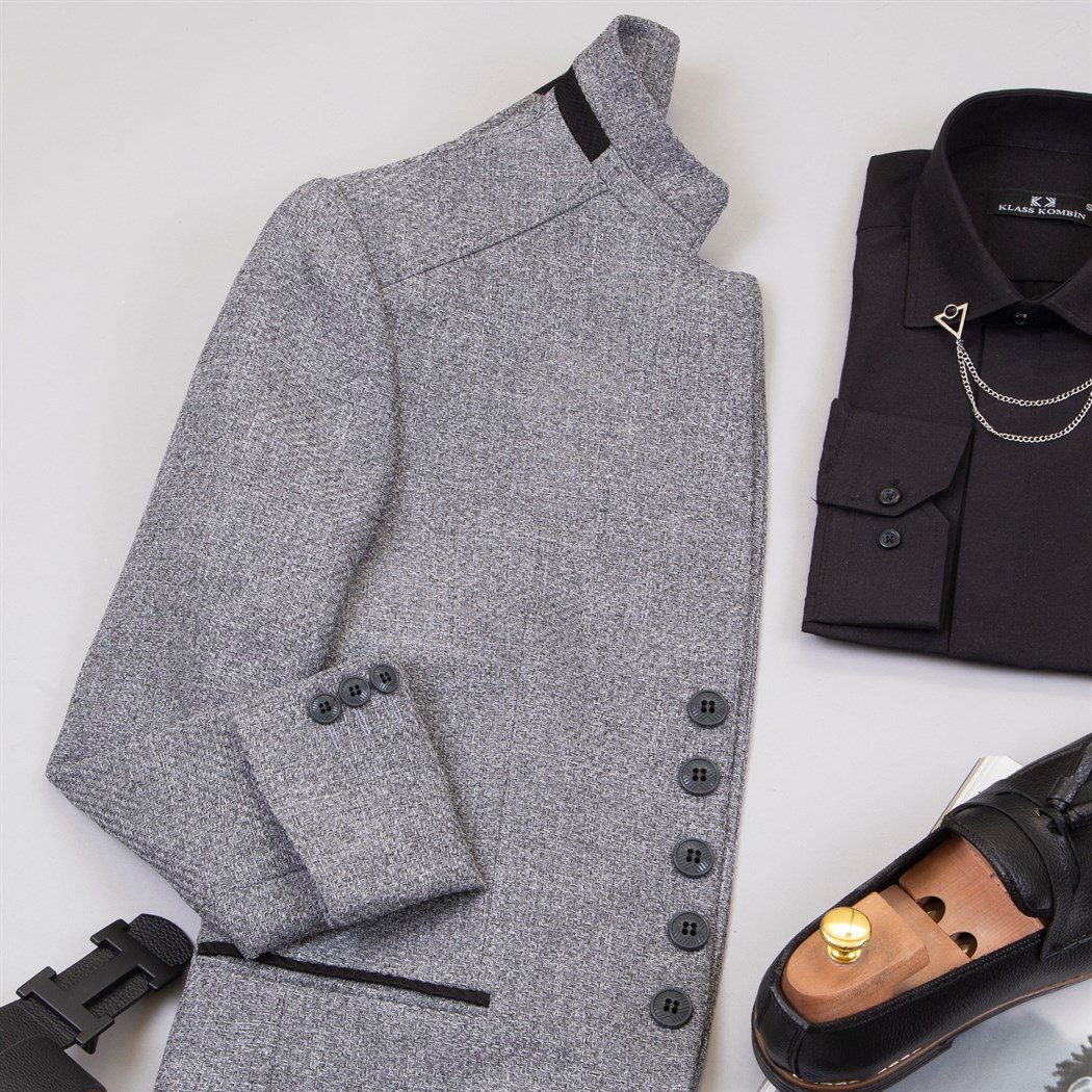 Gri Dik Yaka Ceket Gömlek Pantolon Ayakkabı