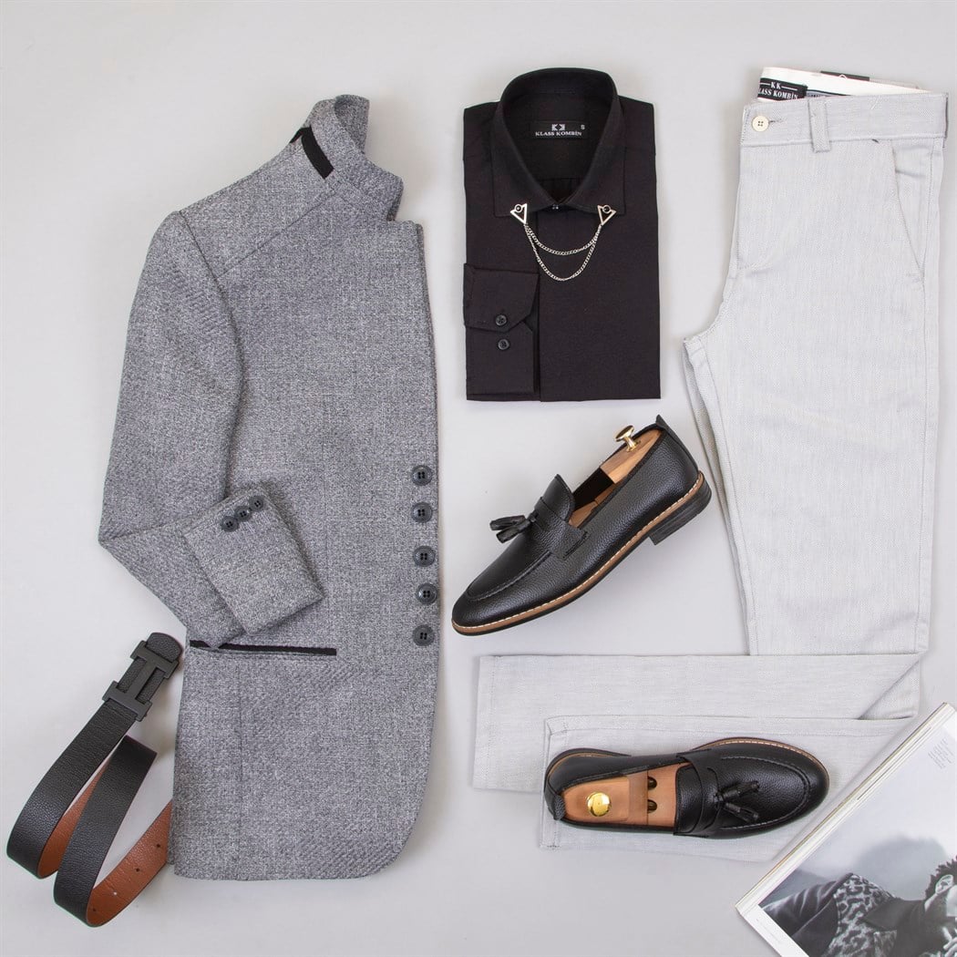 Gri Dik Yaka Ceket Gömlek Pantolon Ayakkabı