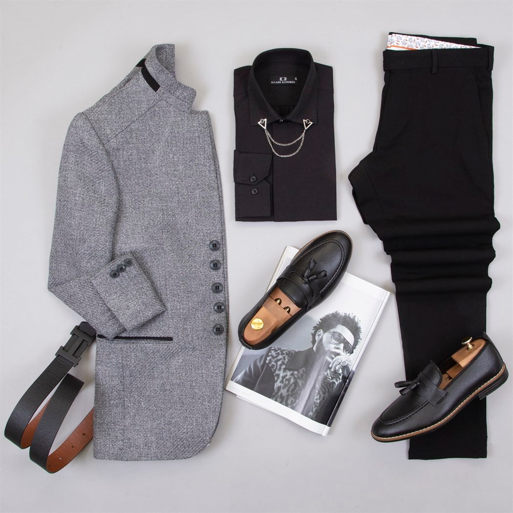 Gri Dik Yaka Ceket Gömlek Pantolon Ayakkabı