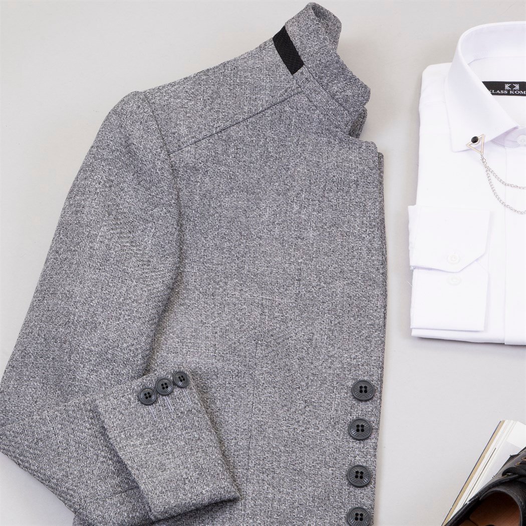 Gri Dik Yaka Ceket Gömlek Pantolon Ayakkabı