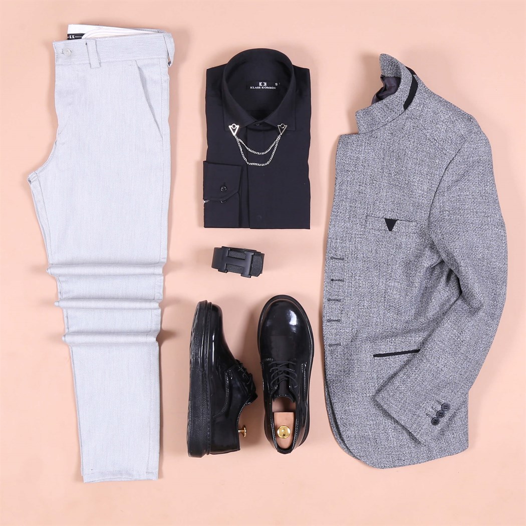 Gri Dik Yaka Takım Elbise