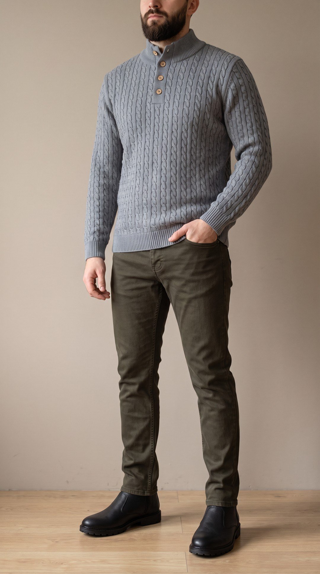 Gri Düğmeli Örgü Kazak Haki Kot Pantolon Siyah Bot Kombini