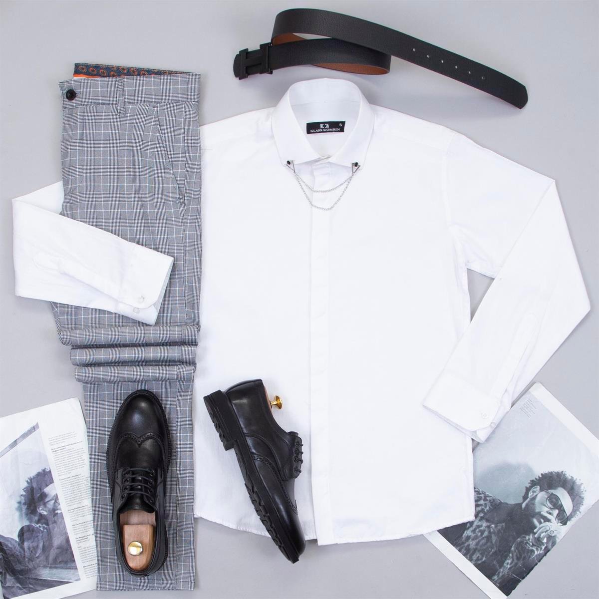 Gri Ekose Pantolon Beyaz Gömlek Ayakkabı Kombin