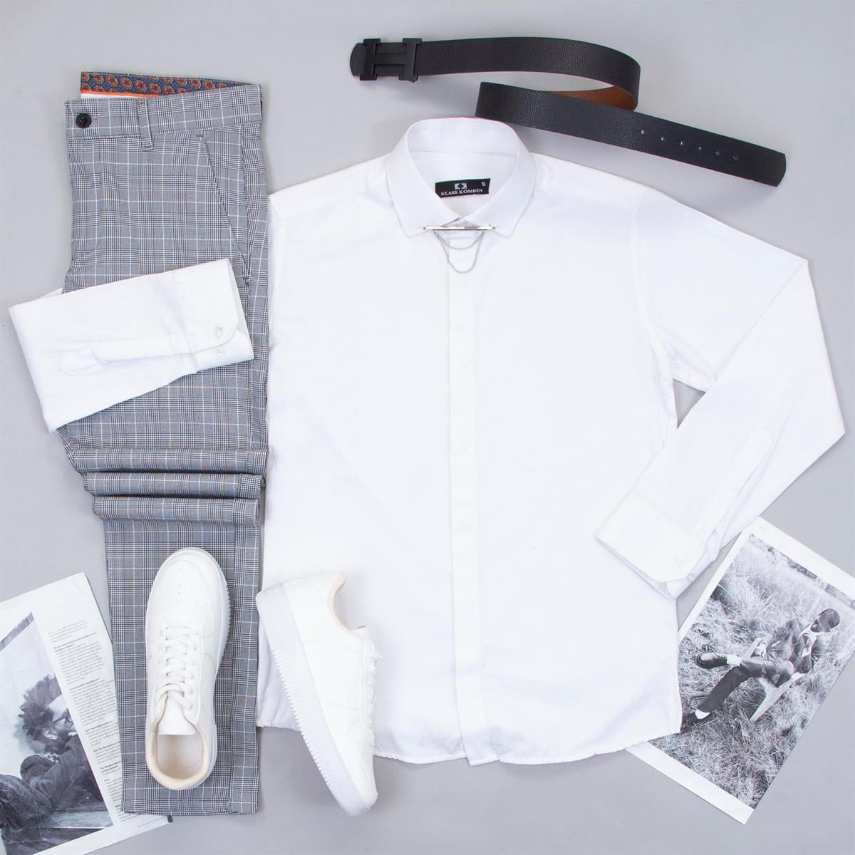 Gri Ekose Pantolon Beyaz Gömlek Ayakkabı Kombin