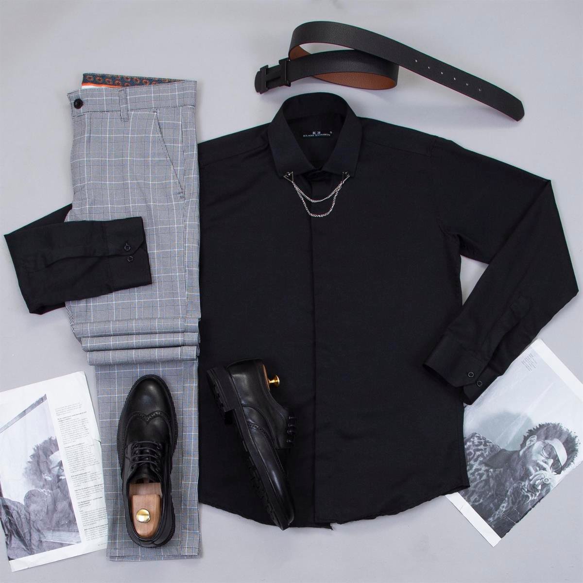 Gri Ekose Pantolon Siyah Gömlek Ayakkabı Kombin