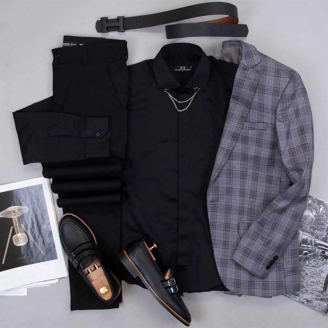 Gri Ekoseli Blazer Ceket Gömlek Pantolon Ayakkabı Kombin