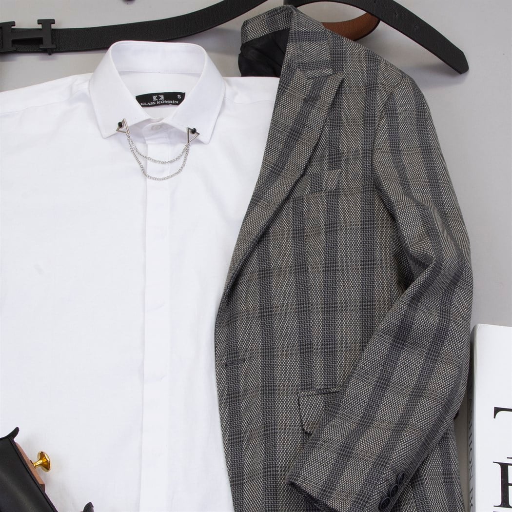 Gri Ekoseli Blazer Ceket Gömlek Pantolon Ayakkabı Kombin
