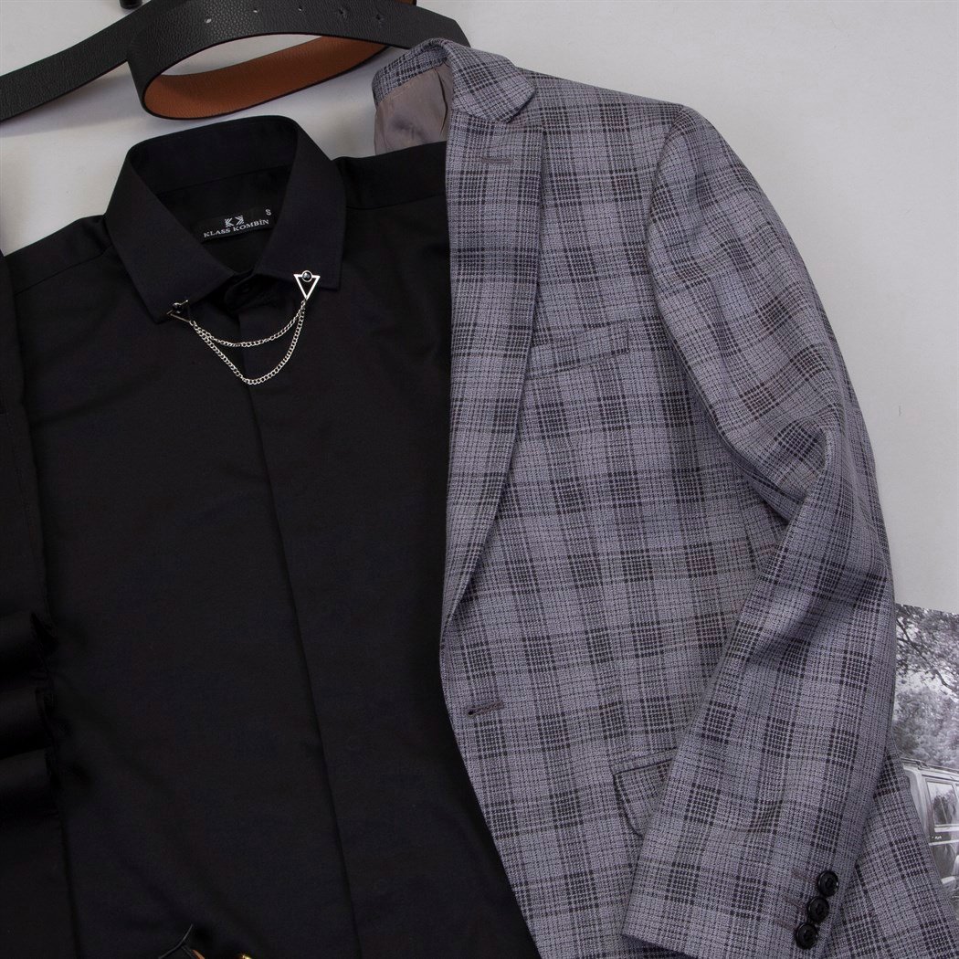 Gri Ekoseli Blazer Ceket Gömlek Pantolon Ayakkabı Kombin