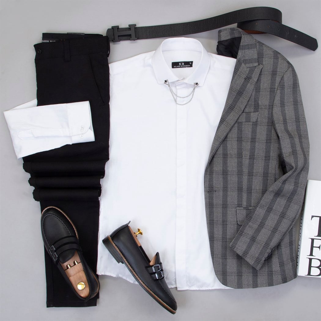 Gri Ekoseli Blazer Ceket Gömlek Pantolon Ayakkabı Kombin