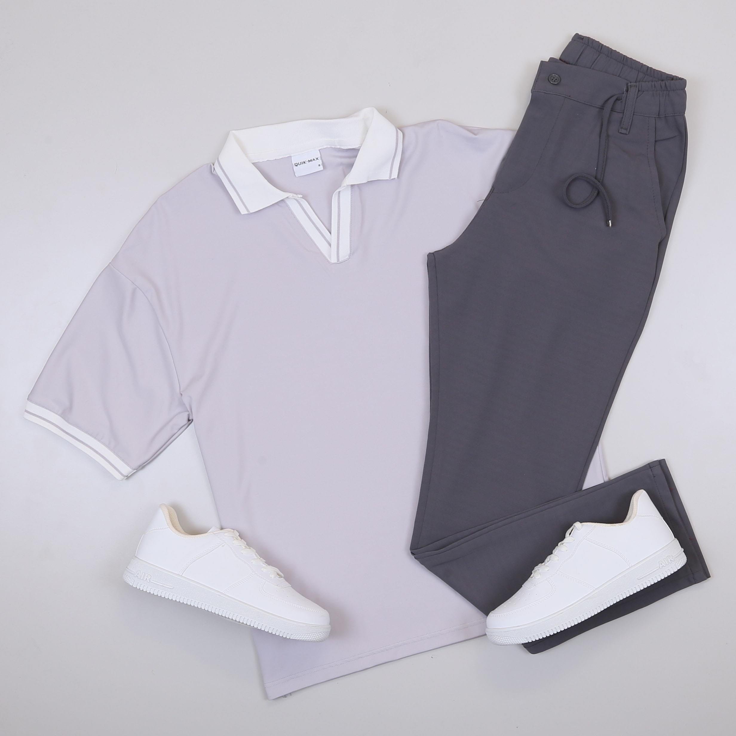 Gri Forma Kumaş Polo Yaka Tişört Pantolon Ayakkabı Kombin