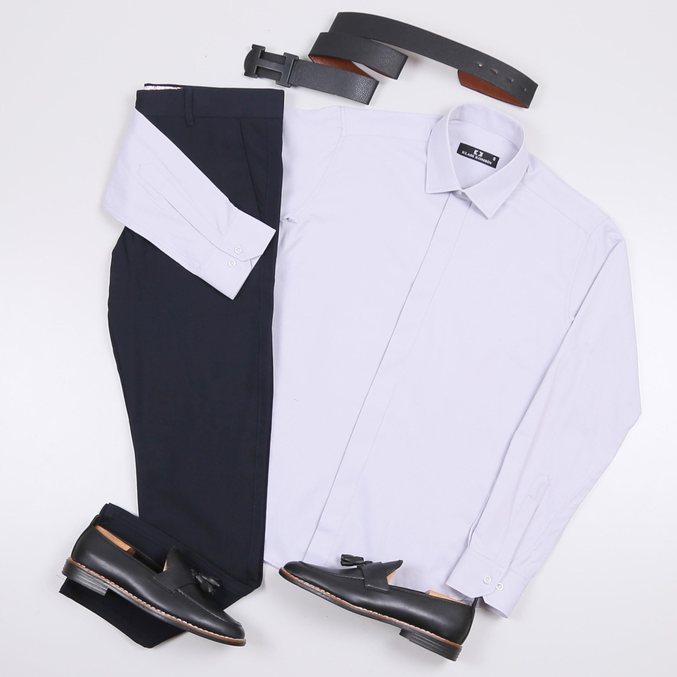 Gri Gömlek Lacivert Pantolon Ayakkabı Kombin