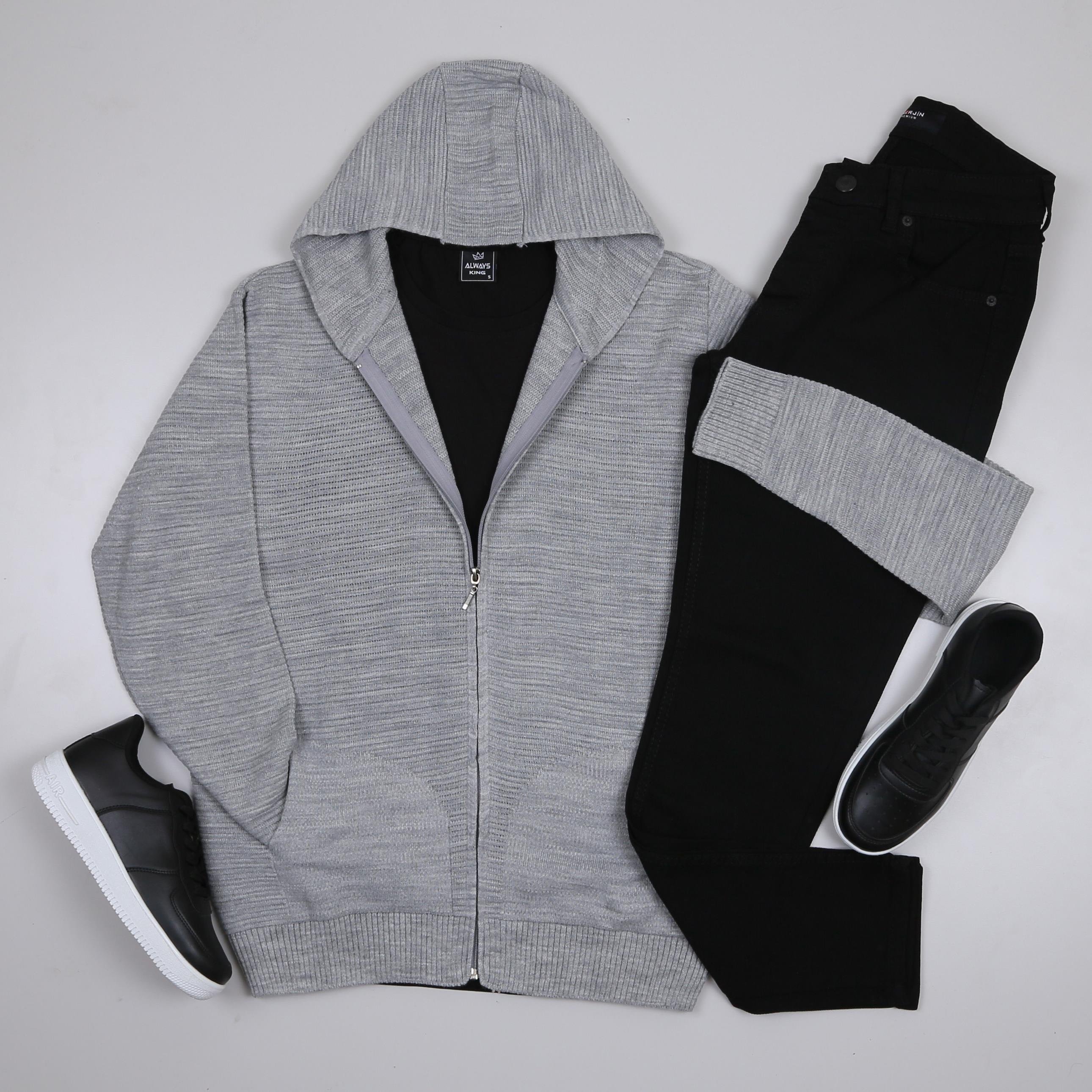 gri kapşonlu hırka kombini