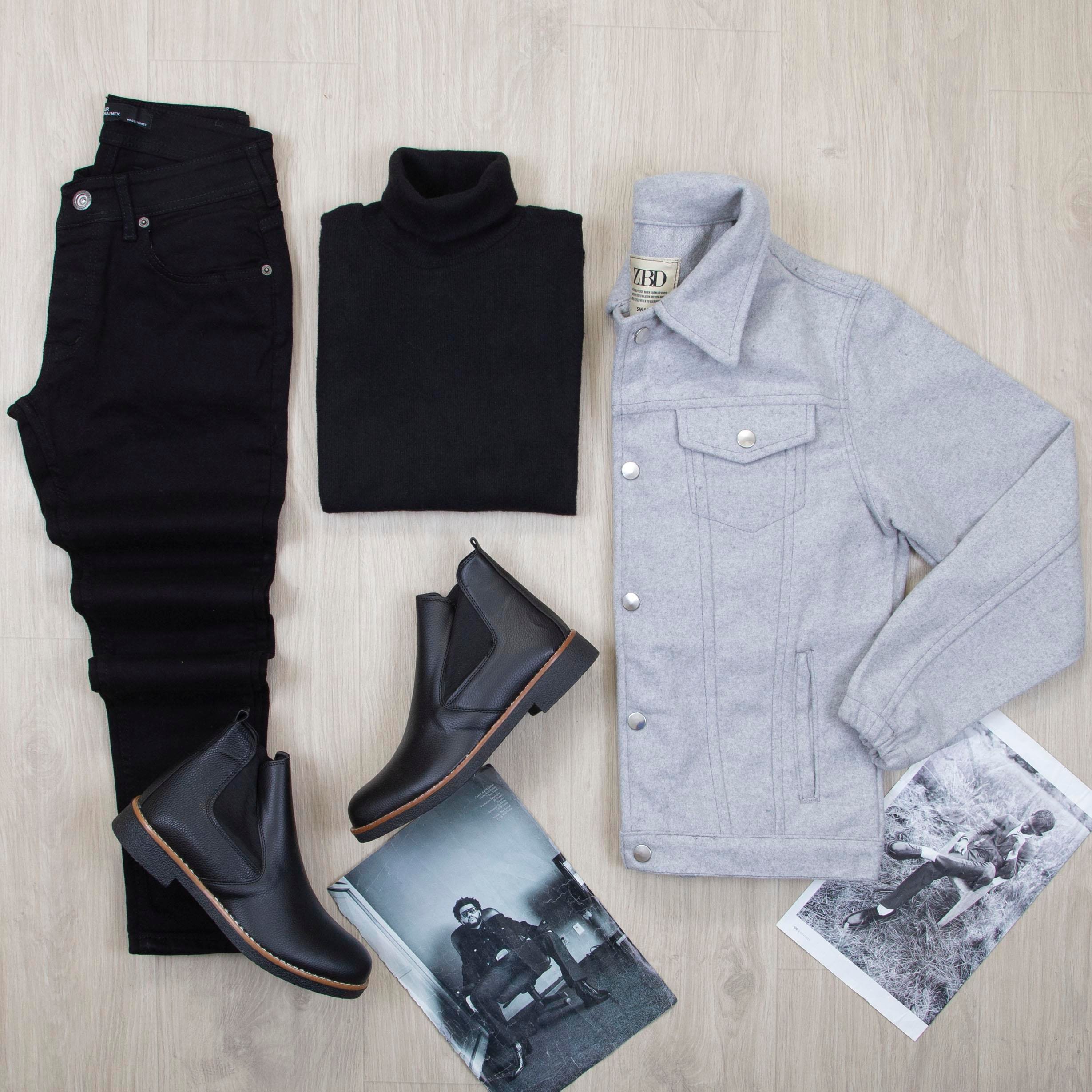 Gri Kaşe Ceket Boğazlı Body Pantolon Bot Kombin