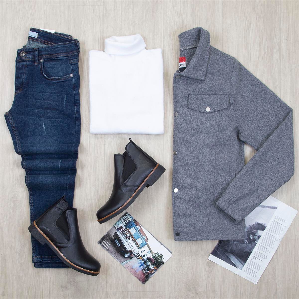 Gri Kaşe Ceket Boğazlı Body Pantolon Bot Kombin