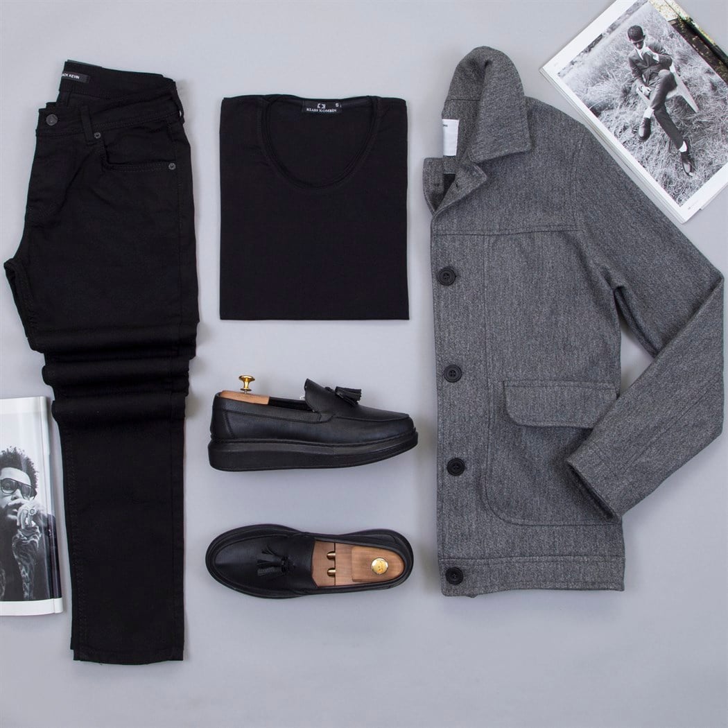 Gri Kaşe Ceket Tişört Pantolon Ayakkabı Kombin