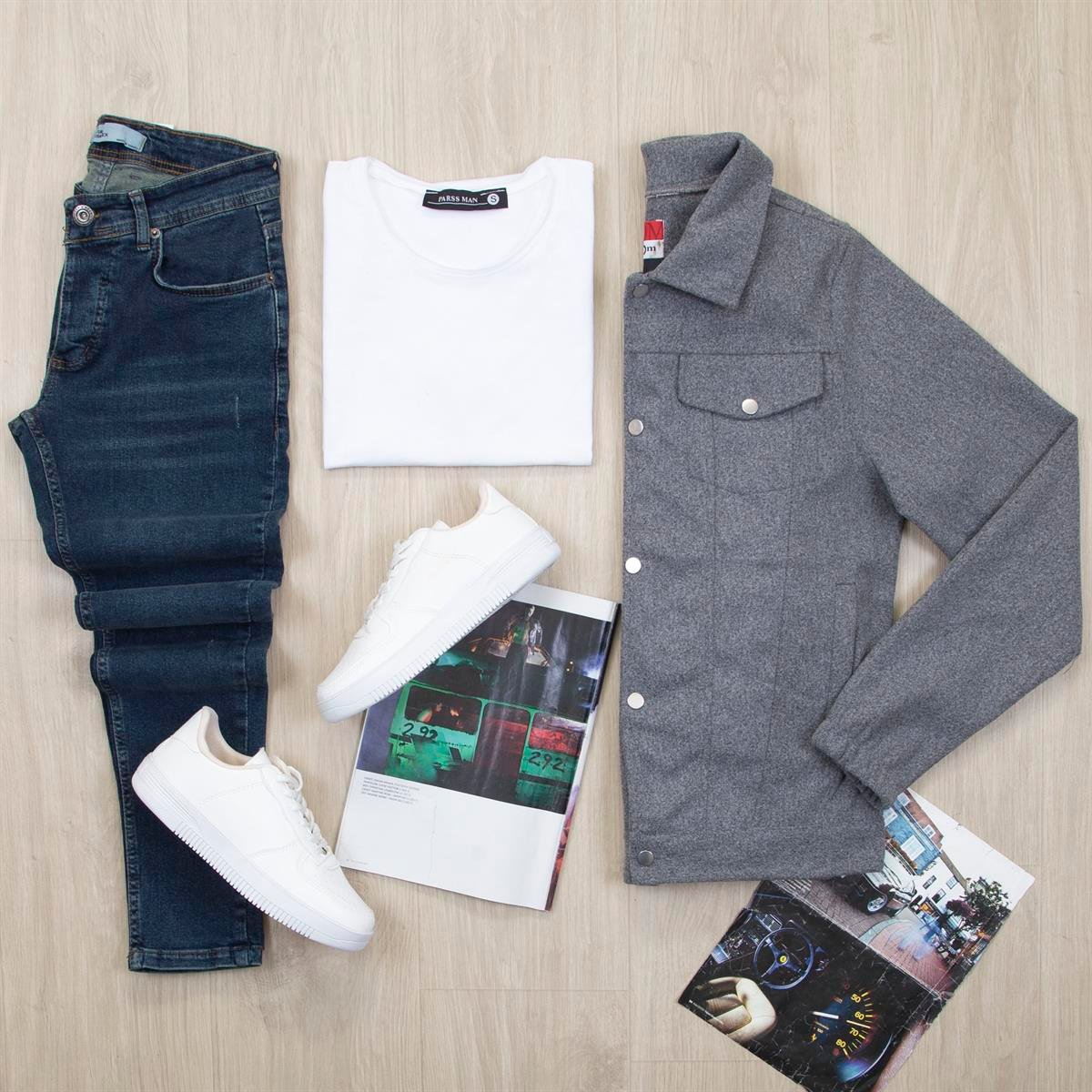 Gri Kaşe Ceket Tişört Pantolon Ayakkabı Kombin