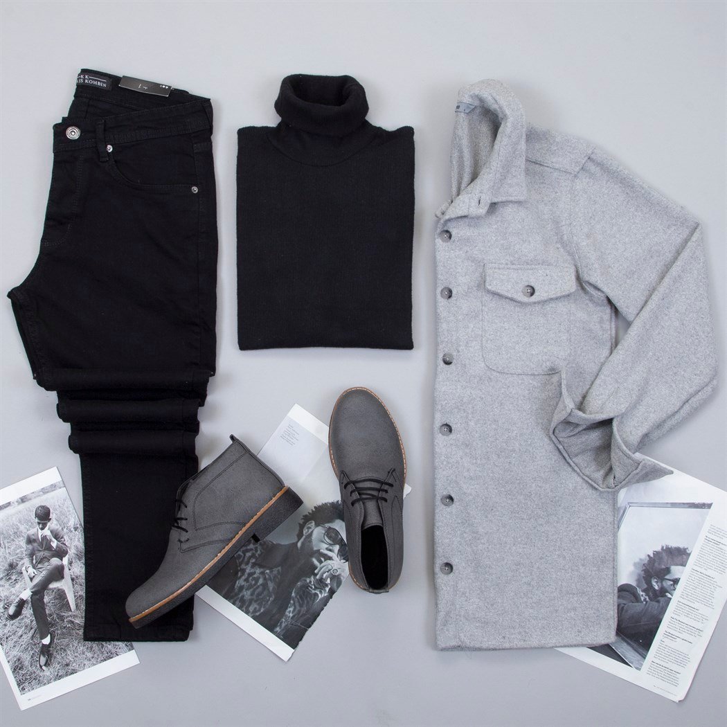 Gri Kaşe Gömlek Boğazlı Kazak Pantolon Bot Kombin