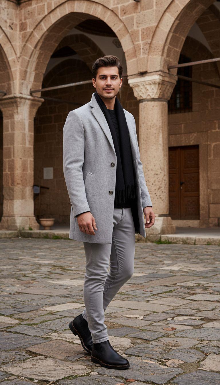 Gri Kaşe Kaban Boğazlı Body Kot Pantolon Bot Kombini