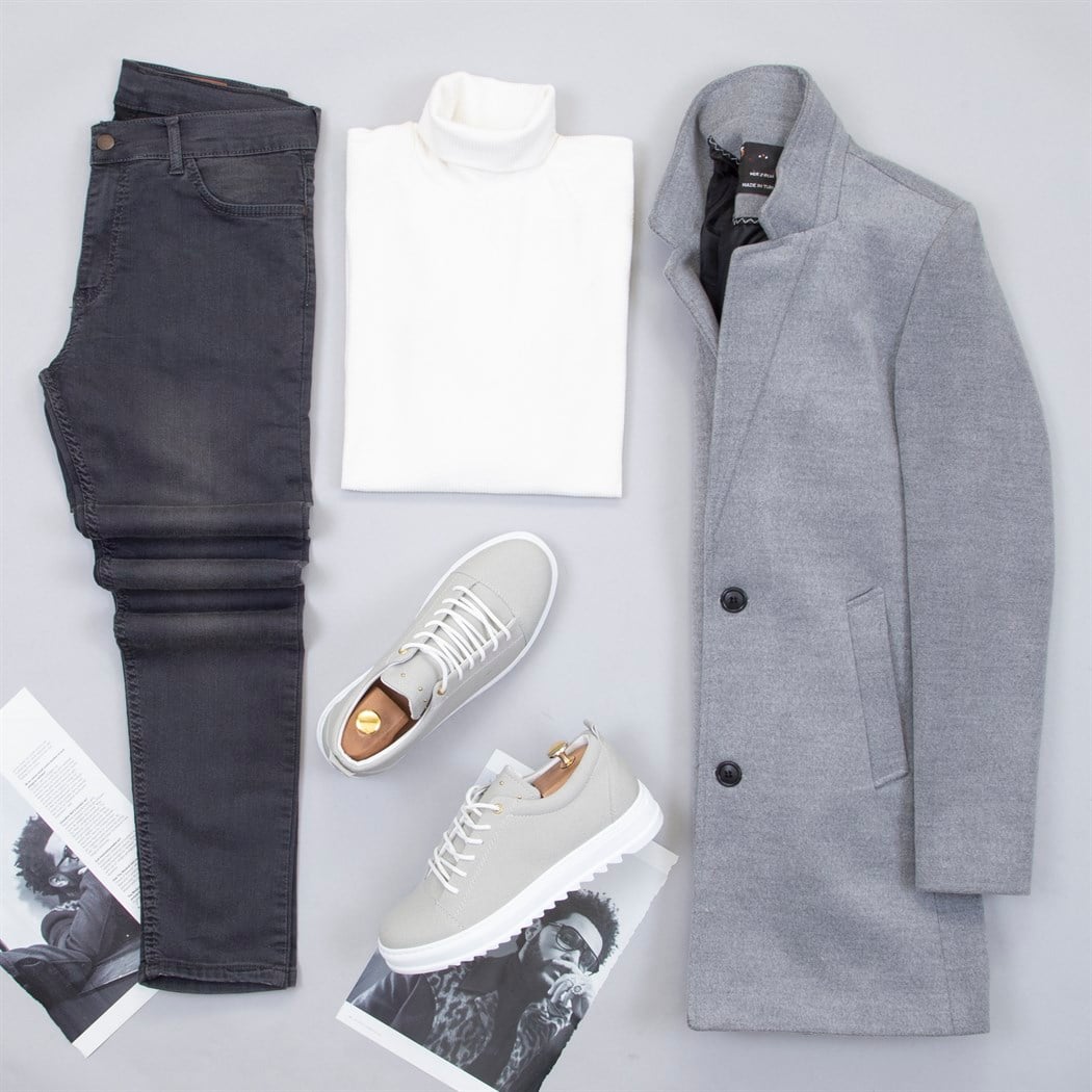 Gri Kaşe Kaban Boğazlı Kazak Pantolon Ayakkabı Kombin