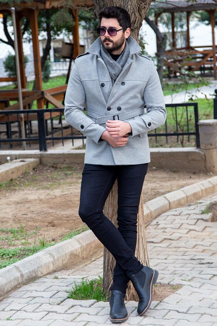 Gri Kemerli Kaşe Kaban Kombini