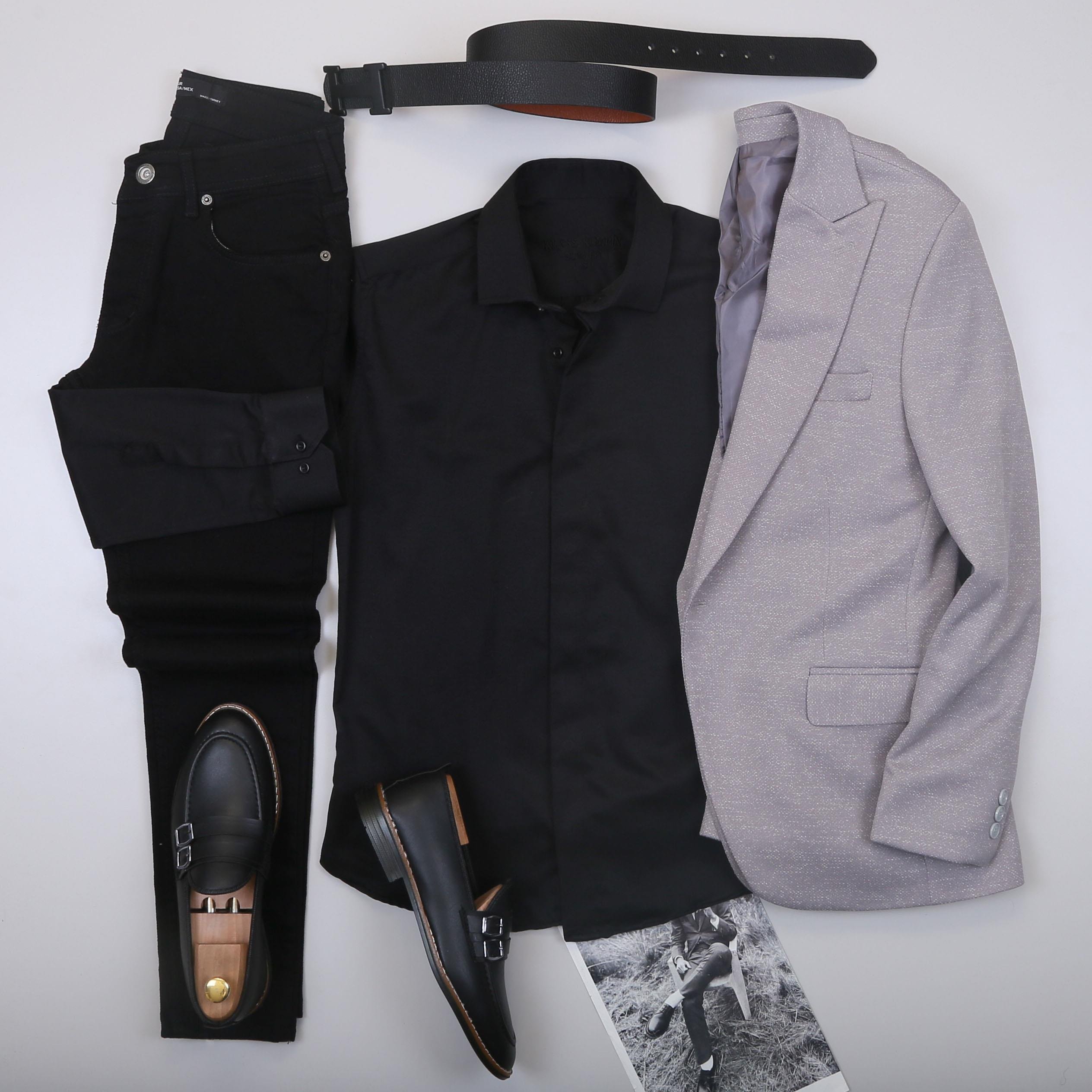 Gri Kırçıllı  Blazer Ceket Gömlek Pantolon Ayakkabı Kombin