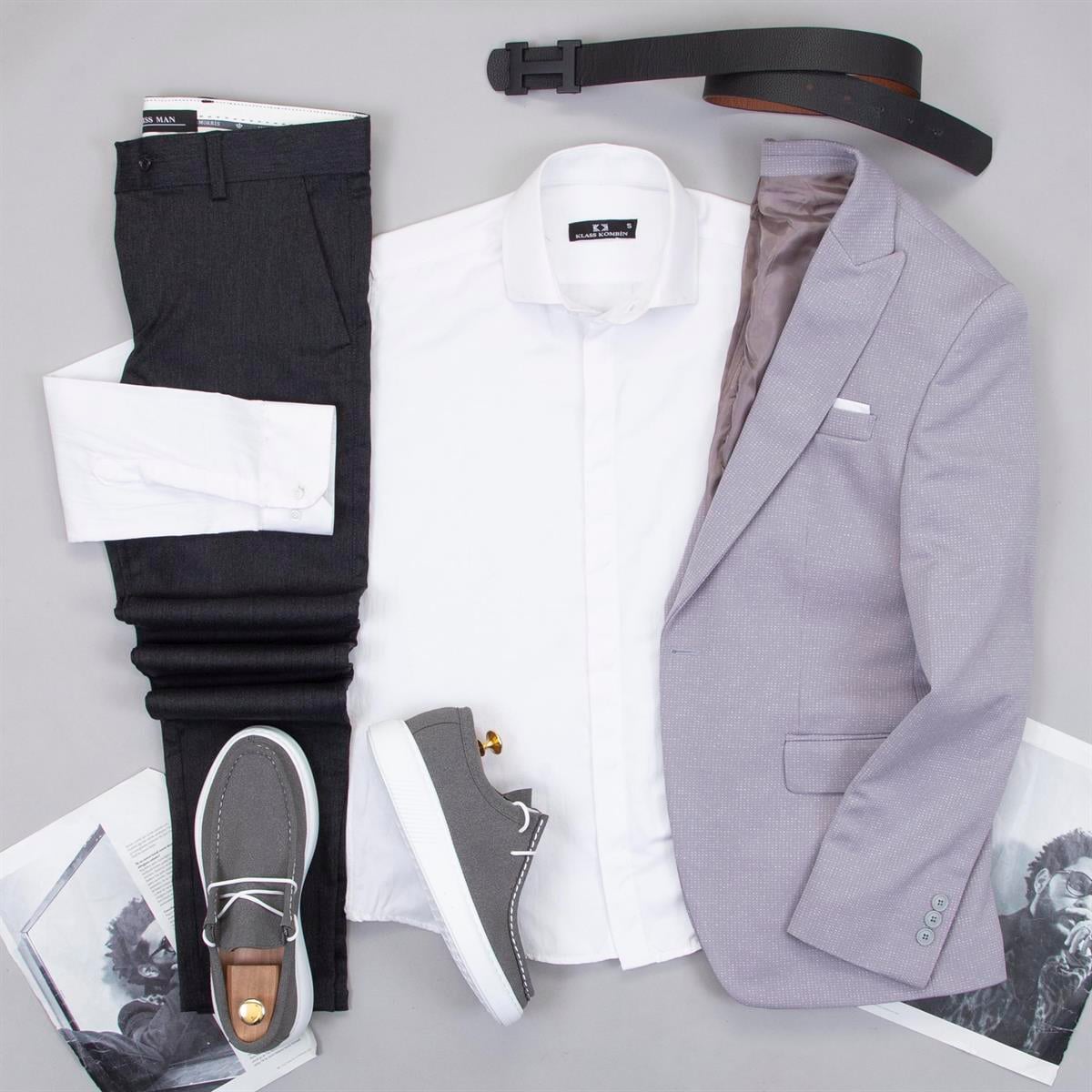 Gri Kırçıllı Blazer Ceket Gömlek Pantolon Ayakkabı Kombin