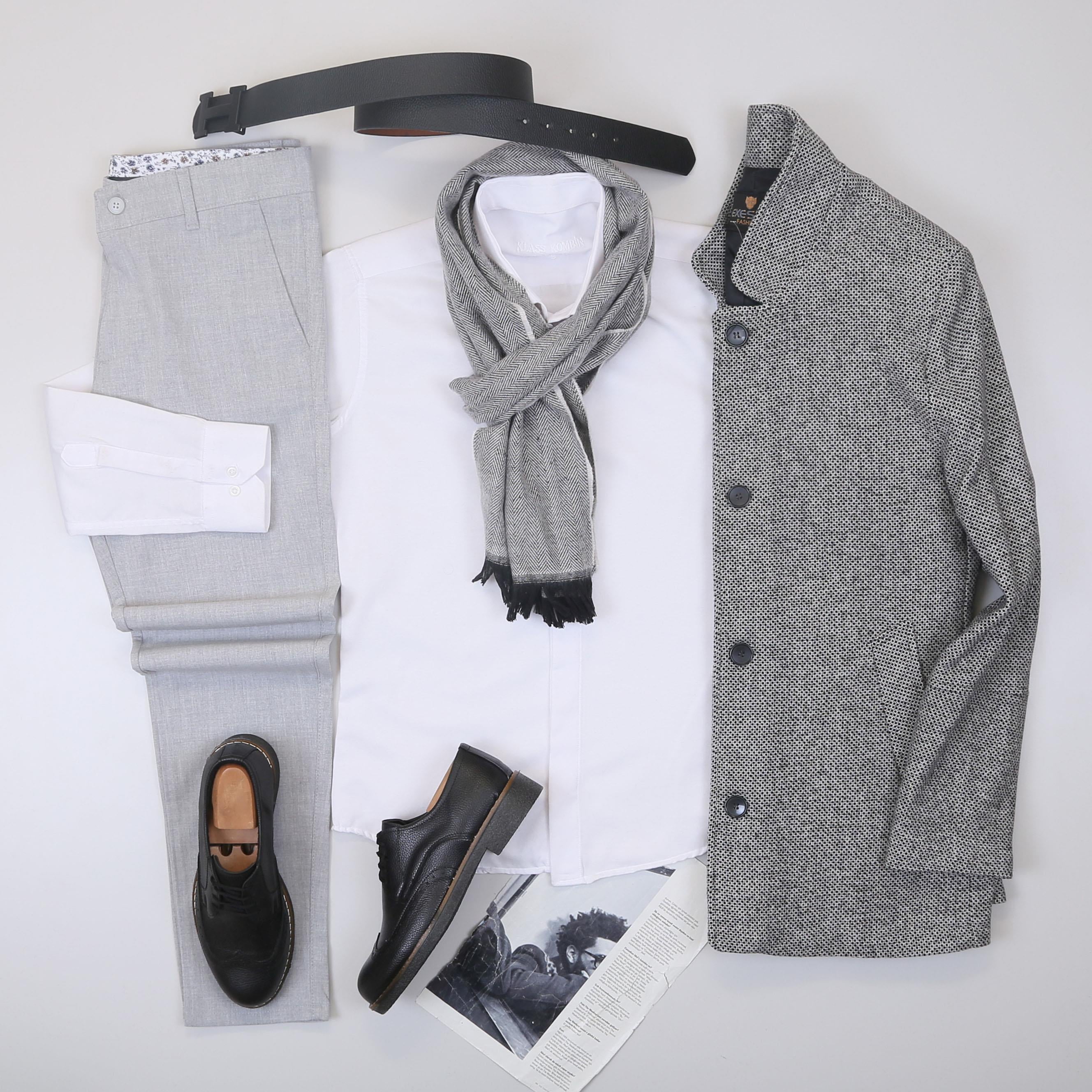 Gri Kırçıllı Kaban Gömlek Pantolon Ayakkabı Kombin